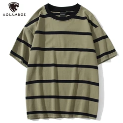 Aolamegs Men T Shirt Color Block Print 3 color Optional Tee Shirts Simple High Street Basic All-match Cargo Tops Male Streetwear