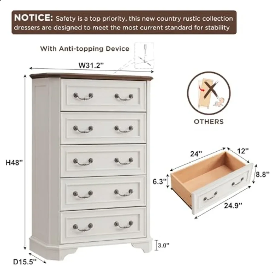Farmhouse 5 Drawers Dresser for Bedroom, 48