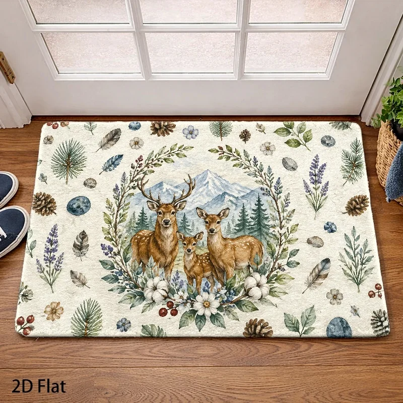 Outdoor Doormat Watercolor Deer Family Printed Carpet Botanical Wreath Purple Lavender For Front Doorway Hallway Home Decor