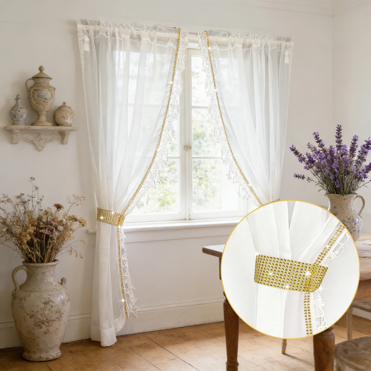 2PCS Modern Transparent Shinning Side Lace Sheer Curtain for Living Room Gauze Window Drape Cafe Study Blinds #E