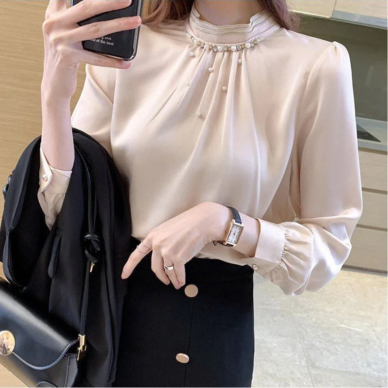 Elegant Solid Color Spliced Folds Beading Blouse Women\'s Clothing 2023 Spring New Casual Pullovers All-match Office Lady Shirt