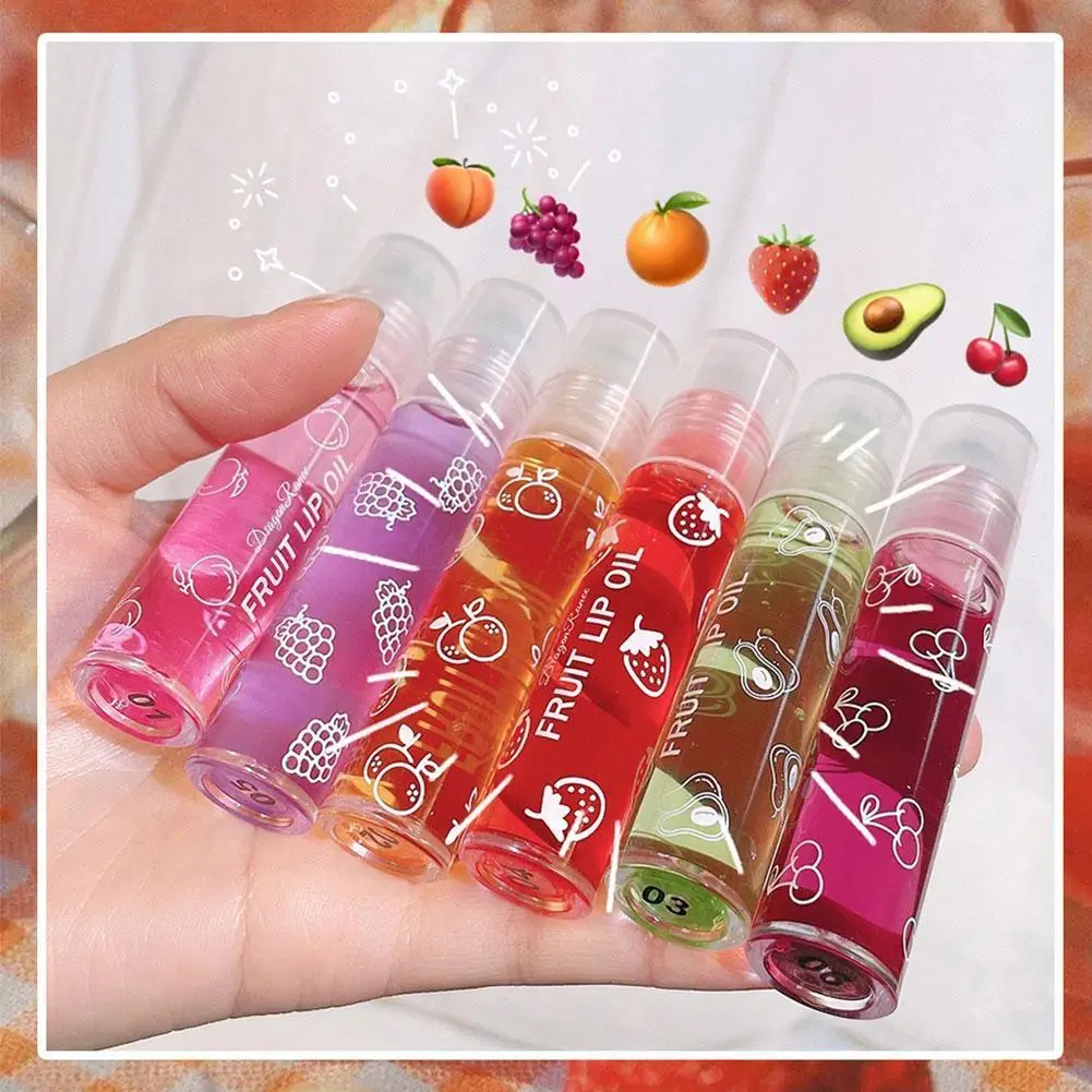 6pcs Roll-on Fruit Essence Lip Balm Lip Oil Lip Moisturizing Mirror Primer Lip Lipstick Hydrating Random Gloss Transparent