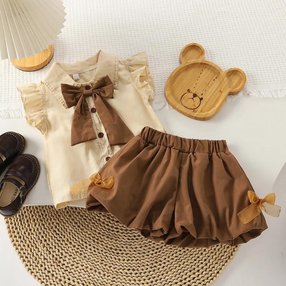 

Children's Sets 2023 Sleeveless Shirt With Bow Tie Bract Shorts Kids Clothes Girls Kids Boutique Clothes Baby Girl Outfit Set