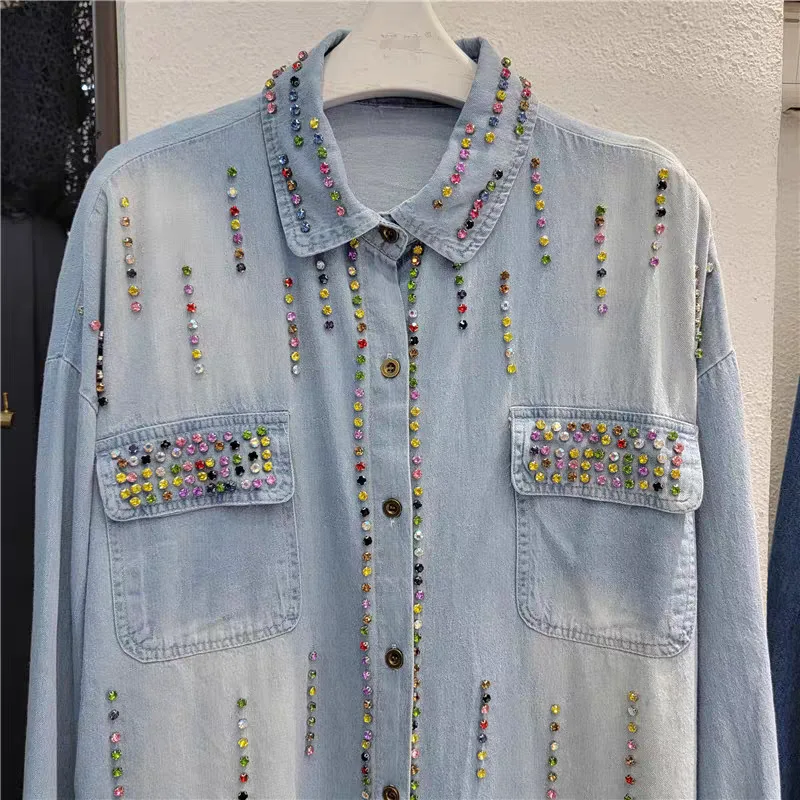 Heavy Industry Beads Colorful Crystals Denim Shirt Women's Spring and Autumn New Loose Polo Collar Single-Breasted Shirts Top