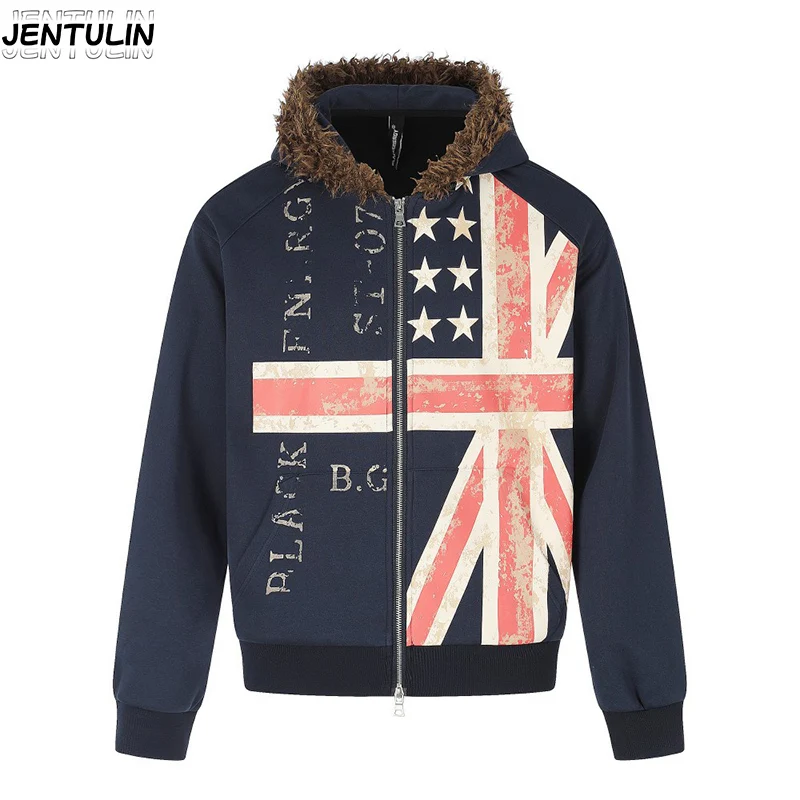 American Retro Vintage Flag Print Hooded Jacket With Rolled Fur Collar And Navy Blue Zipper Sweatshirt Cardigan Unisex Clothes