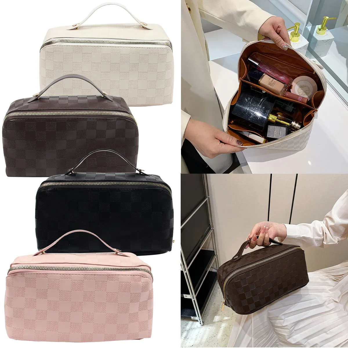 Large Capacity Portable Checkered Pillow Makeup Bag Travel Makeup Washing Hanging Bathroom Storage Bag