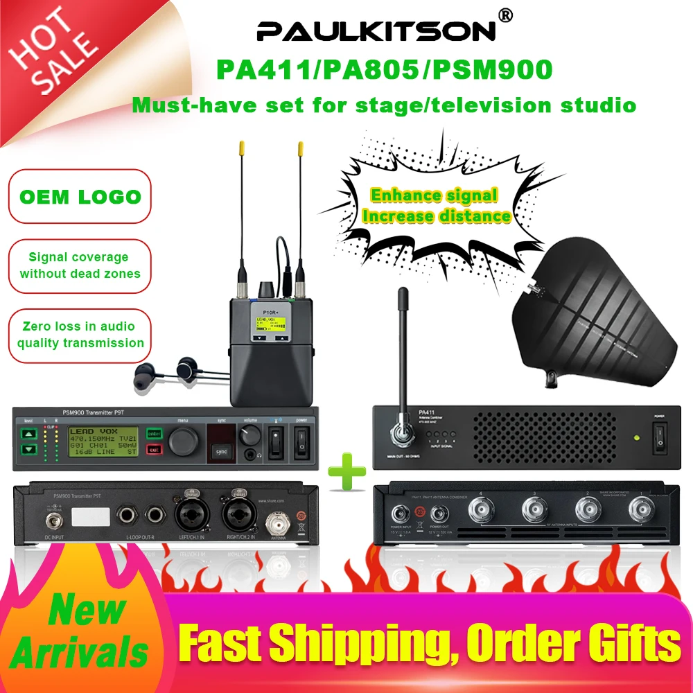 Monitores intrauditivos Paulkitson PSM900 y sistema combinado de antena PA411/PA805 para sistemas intrauditivos estéreo de estudio de escenario 542-578MHz