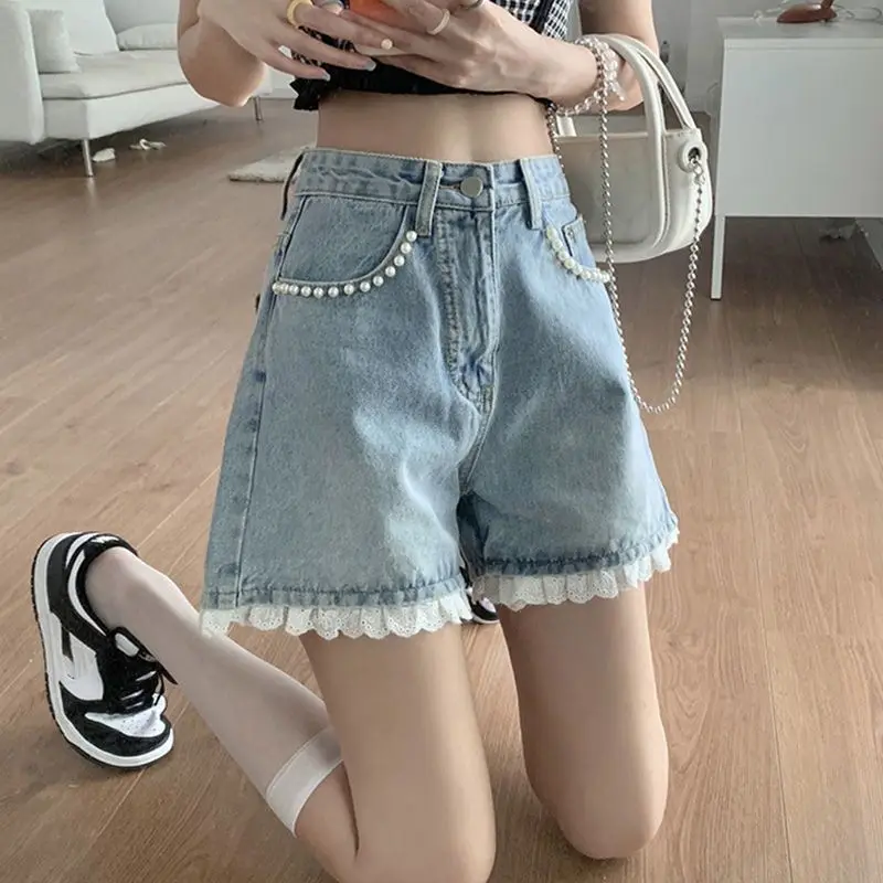 

Shorts Women College Kawaii Summer Lace Denim Vintage Streetwear High Waist Cozy Preppy Style Lovely Casual Ins Straight Trouser