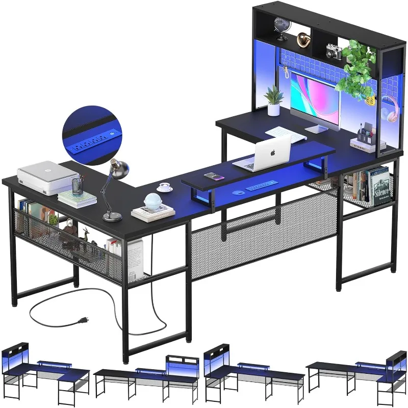 

U Shaped Desk with Hutch, Reversible L Shaped Computer Desk with Power Outlets and LED Strip, Large Office Table