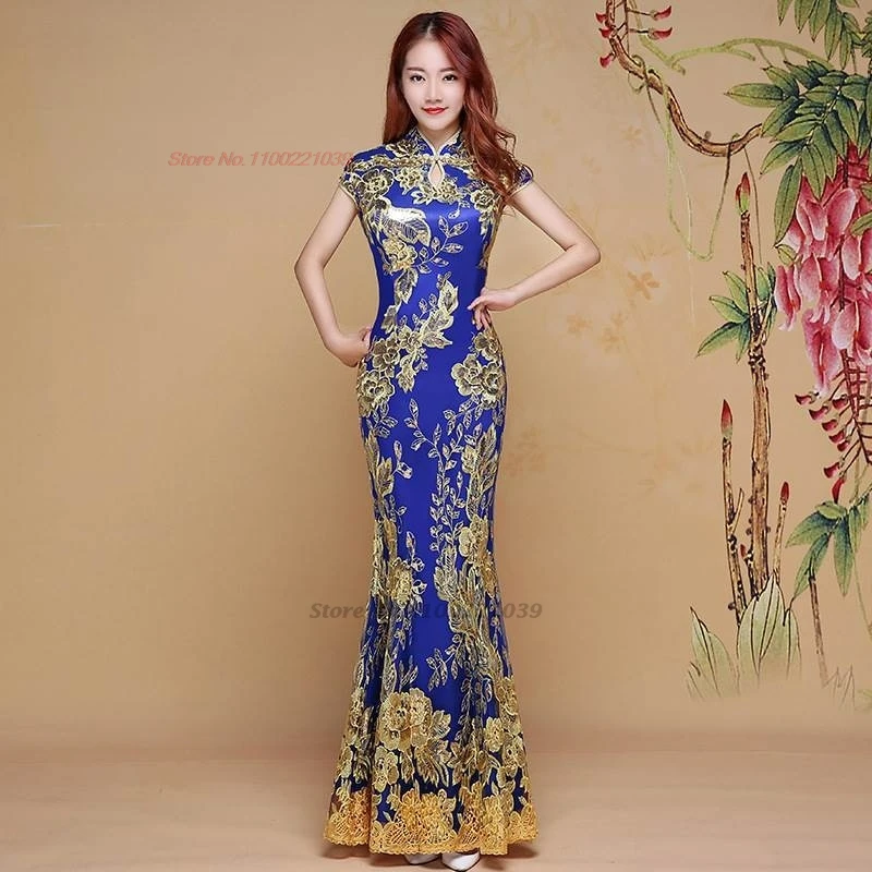 2026 chinese traditional dress cheongsam national flower embroidery improved lace qipao wedding banquet evening dress qipao