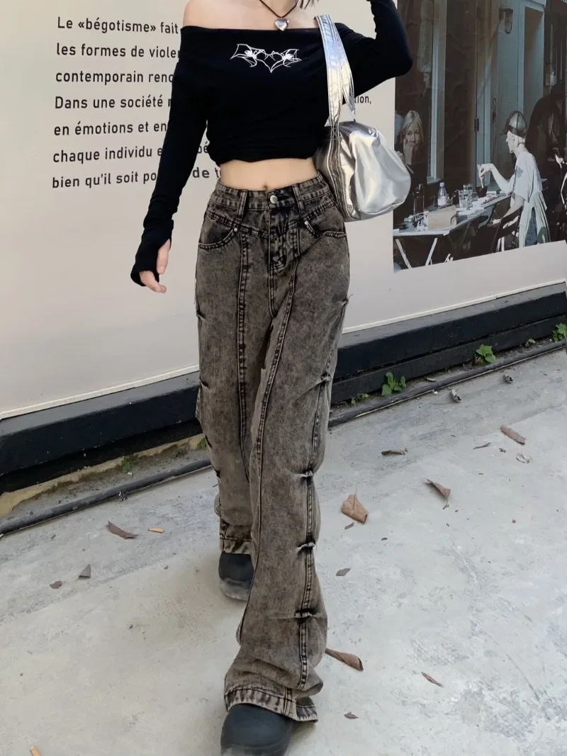 Fairycore Grunge Punk Pleated Micro-trumpet Denim Pants Vintage High Waist Straight Trousers 2024 New All-match Casual Y2k Heans