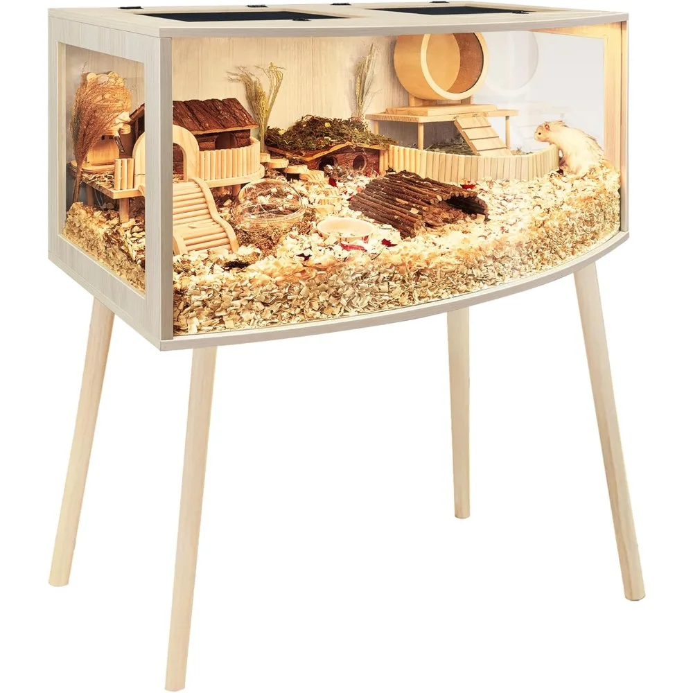 

Hamster Cage with Curved Design,Chew Proof Wooden Hamsters Enclosure with Leg Stand and Openable Top or Gerbils,Hamster H