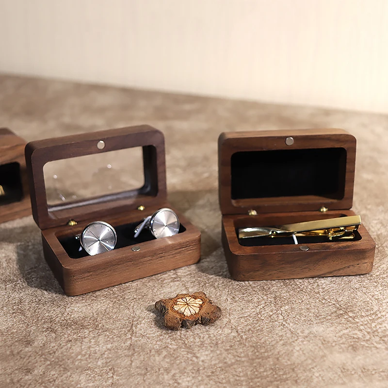 Solid Wood Black Walnut Window Exquisite Cufflink Box Sleeve Nails French Cufflink Collar Clip Box Package Gift Box