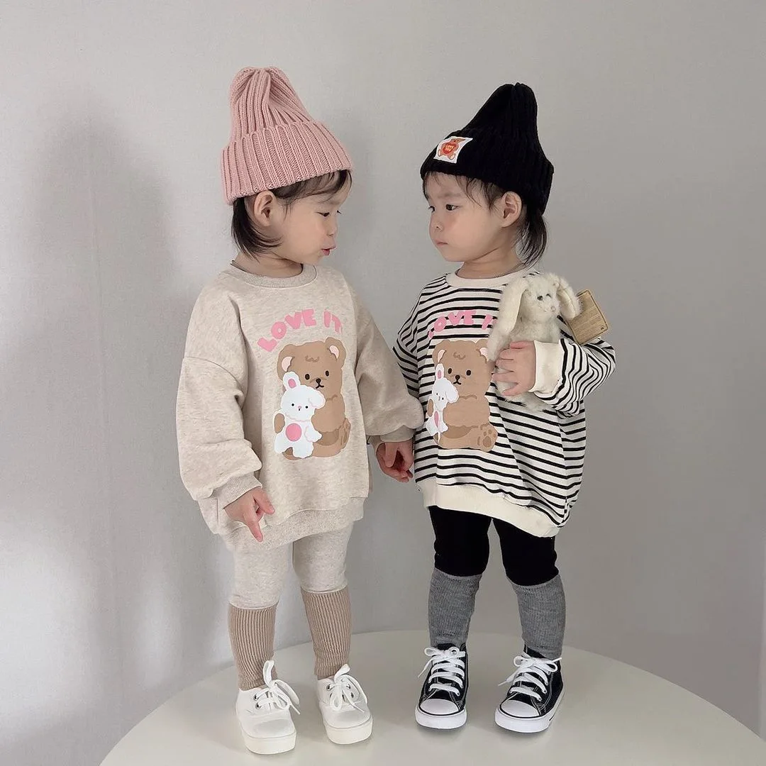 2024 Spring New Baby Long Sleeve T Shirts Fashion Cartoon Print Infant Boy Girl Casual Sweatshirt Toddler Loose Striped Tops