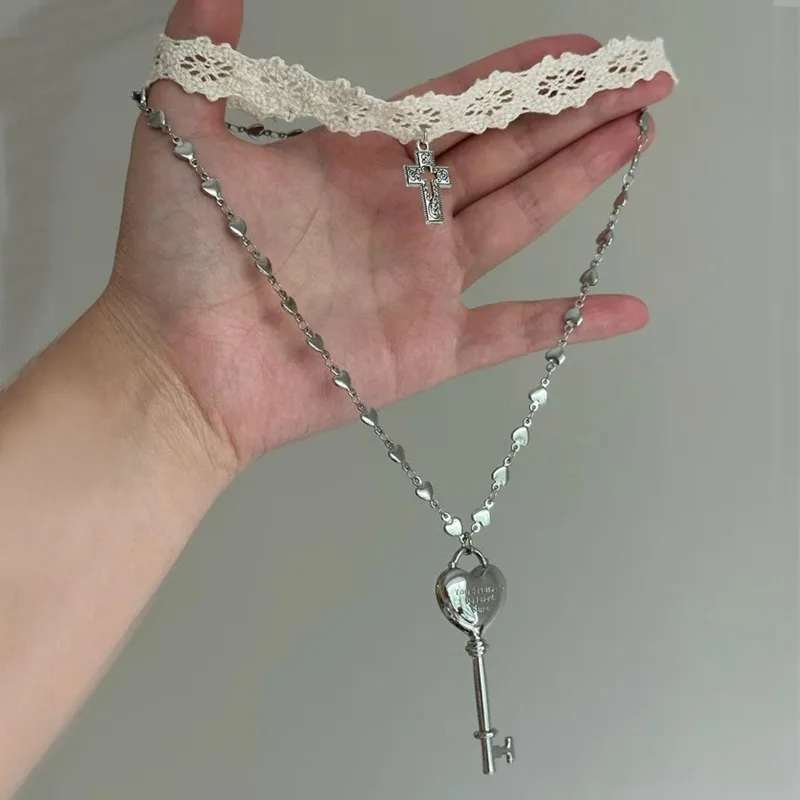 2Pcs Set Y2K Double-layer Lace Cross Necklace for Women Personality Gothic Neck Chains Sweet Cool Stackable Lace Choker Collar