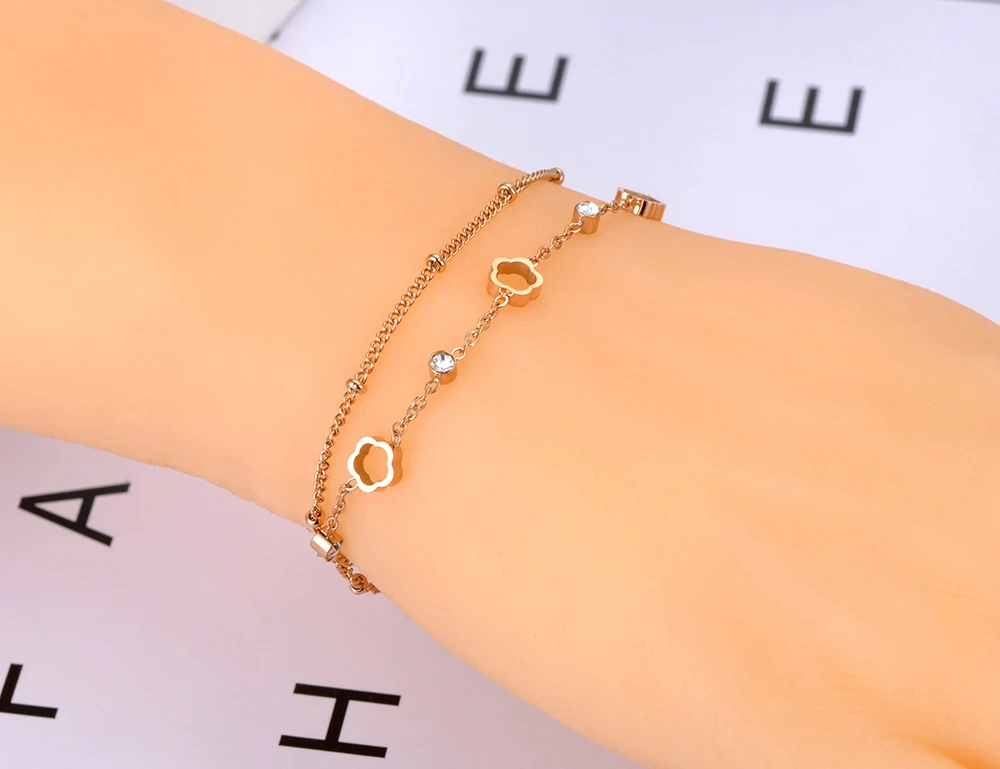 Lokaer Bohemia Dwuwarstwowe bransoletki ze stali nierdzewnej Modna biżuteria CZ Crystal Flower Chain Link dla kobiet Браслет B21025 — zdjęcie 7