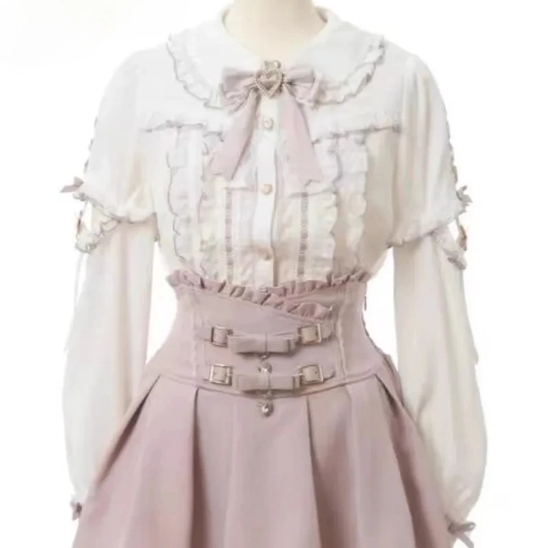 Japanese Lolita Style Blouse Liz Mine Series Cute Detachable Sleeved Lace Bow Stitching Single-breasted White Shirts Women's Top