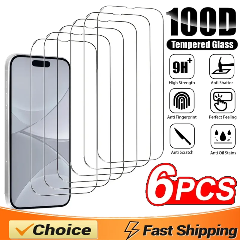 

6Pcs 100D Tempered Glass For iPhone 15 14 13 11 12 16 Pro Max Screen Protector For iPhone 17 PRO XR X XS MAX 7 8 16 Plus Glass