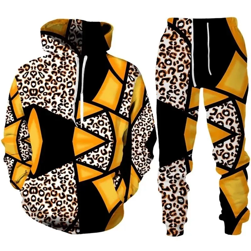 2024 Luxury Golden Print Men\'s Tracksuit Set 3D Casual Hoodie+Pants 2pcs Sets Oversized Sportswear Trousers Fashion Men Clothes