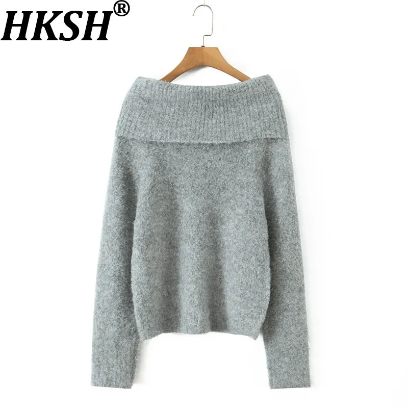 

HKSH осень-зима новый женский свитер с открытыми плечами и длинными рукавами однотонный элегантный модный сладкий сексуальный тренд вязаные топы HK16120