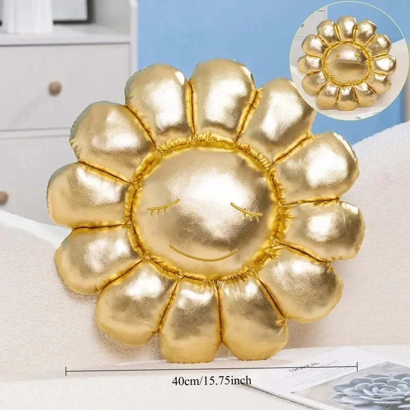 Almofada de flor prateada, almofadas de pelúcia de girassol para estética do quarto, travesseiro de rosto sorridente macio, almofada de chão de flor