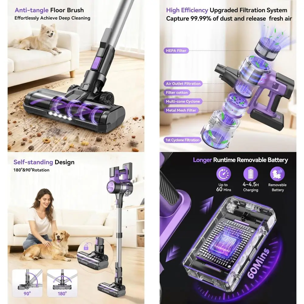 

Легкий беспроводной вертикальный пылесос с мощным всасыванием 55 кПа, 60-минутное время работы, для дома, перезаряжаемый, с функцией самостоятельной стойки, универсальный