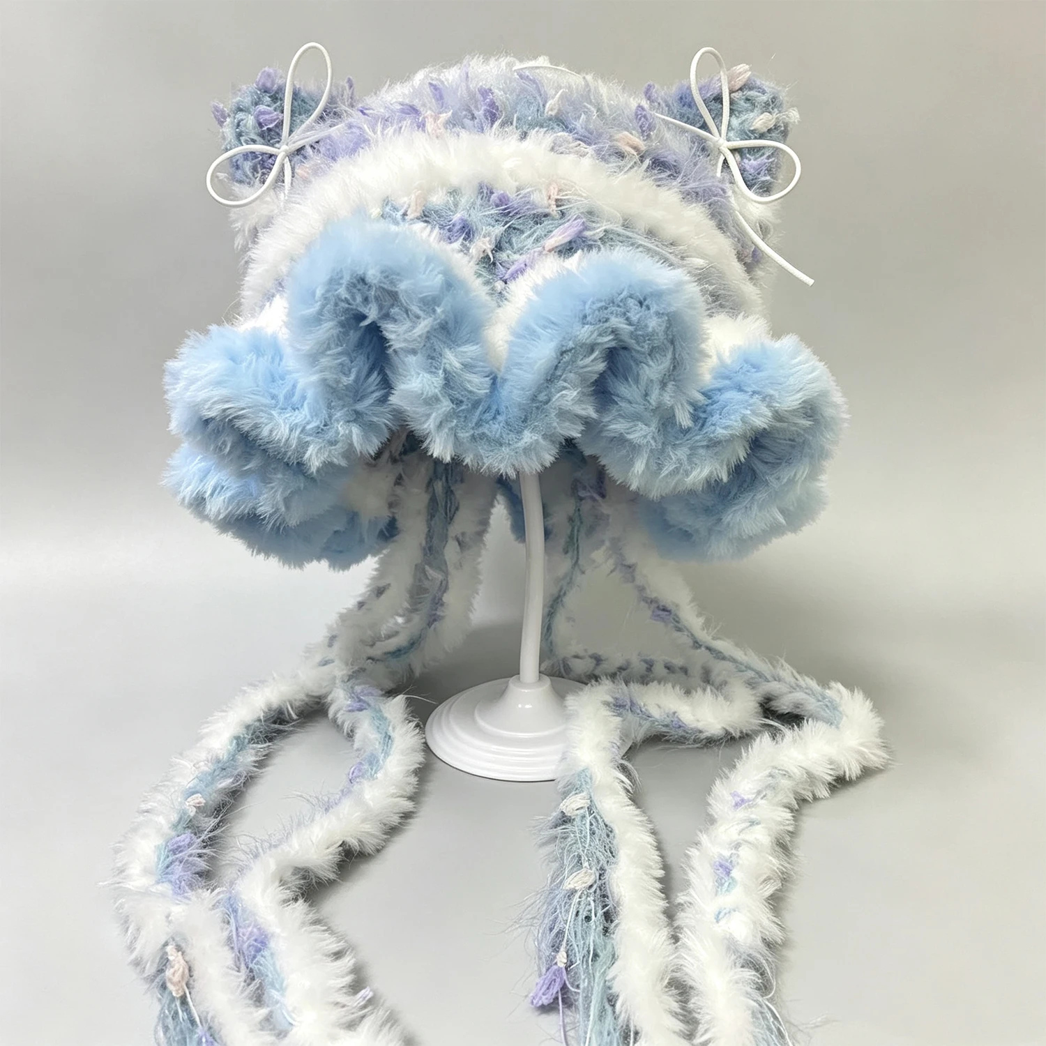 Custom Handmade Crochet White Blue Striped Cat Ear Hat Women Soft Knitted Ruffled Beanie Girls Kawaii Lolita Winter Warm Hood
