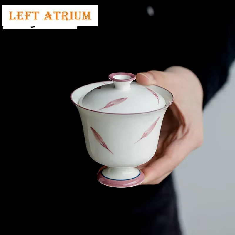 

120ml Pure Hand-painted Magnolia Petal Tea Tureen Wihte Porcelain Cover Bowl Household Ceramic High Foot Tea Bowl Kungfu Teaset