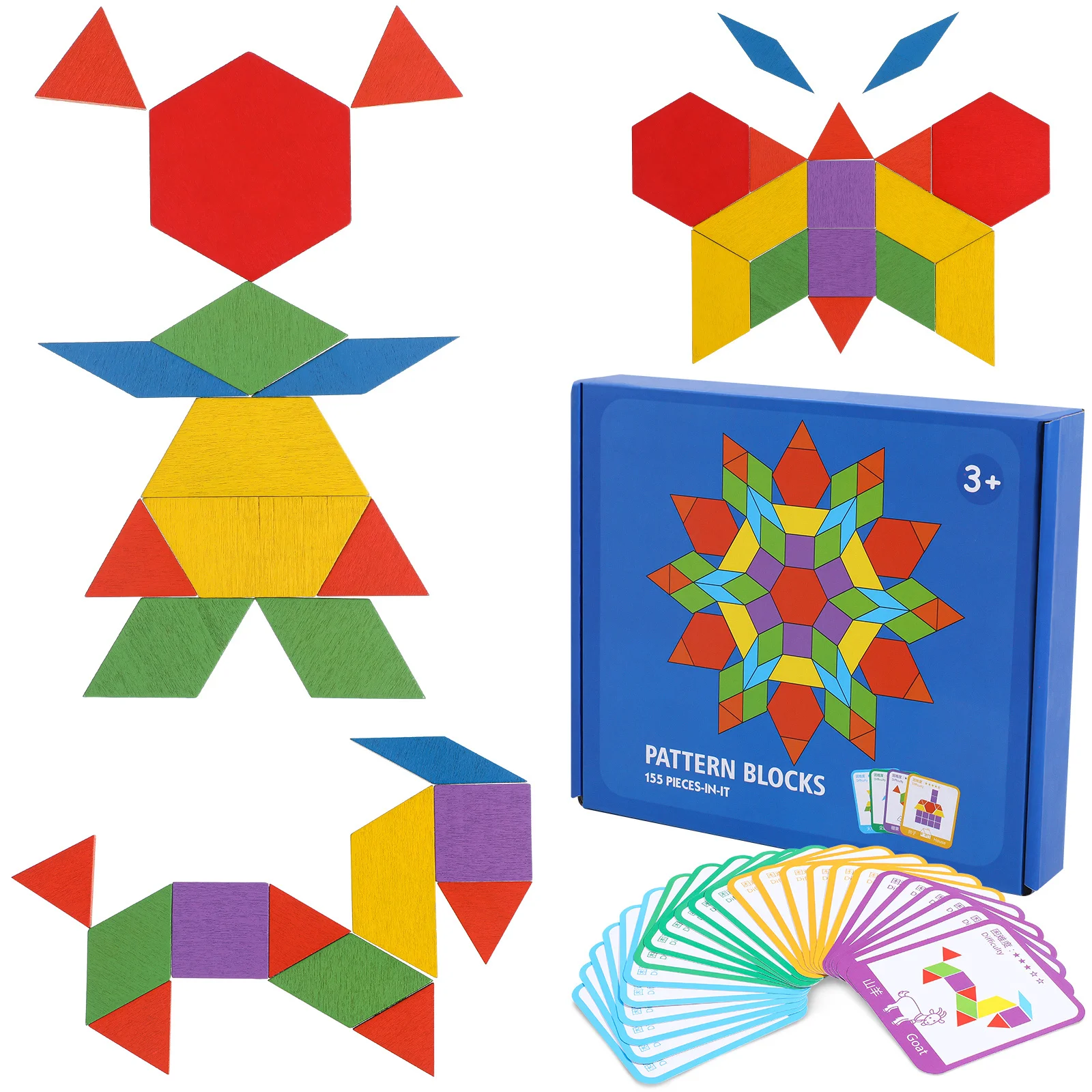 155-teiliges Puzzle-Set mit Holzmusterblöcken, Tangrams, helle Farbe, pädagogisch für Kinder, Vorschul-Lernaktivitäten, geometrisch