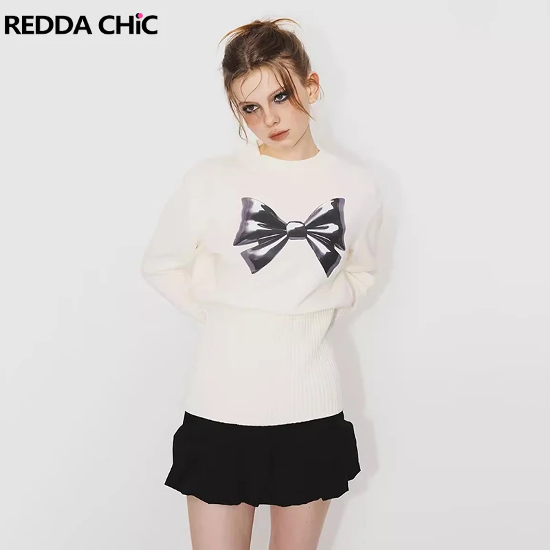 

ReddaChic Ribbed Cuffs Knitted Jumper Women Solid White Bow Crocheted O-neck Long Sleeves Sweater Y2k Retro Casual Pullover Top