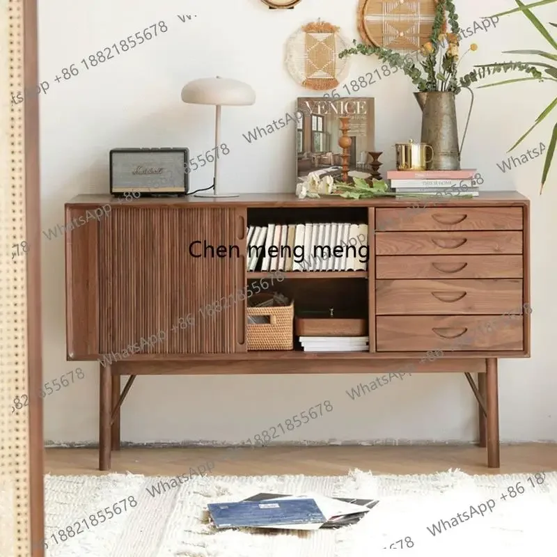 

All solid wood black walnut porch cabinet living room rolling shutter door retro storage foyer cabinet