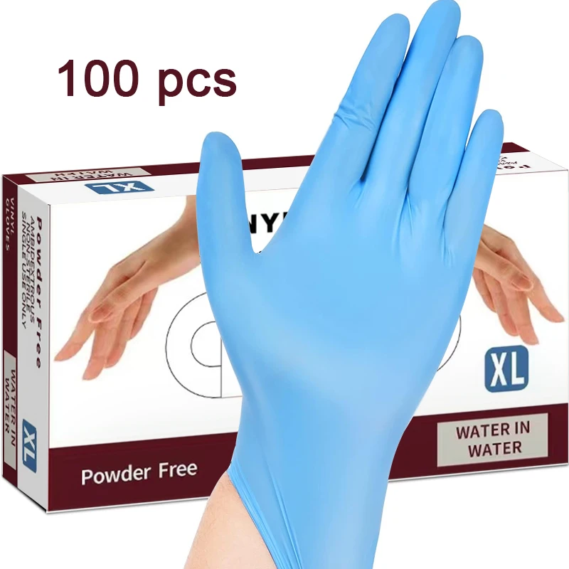 

100 шт., синие, черные нитриловые перчатки, одноразовые латексные перчатки, без пудры для бытовой уборки, салон красоты, рабочие кухонные перчатки
