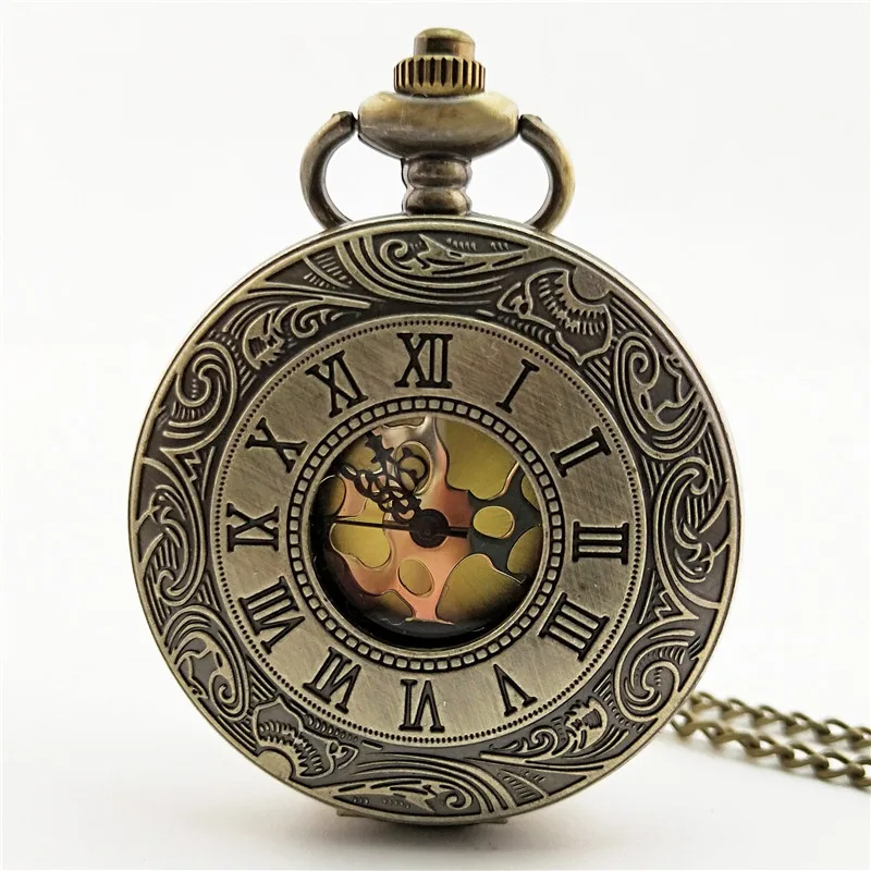 นาฬิกาควอทซ์แกะสลักแบบวินเทจสุดหรูสำหรับผู้ชายเคสสลักลายเลขโรมันสร้อยคอสายโซ่นาฬิกาสำหรับผู้ชายของขวัญคอลเลกชัน