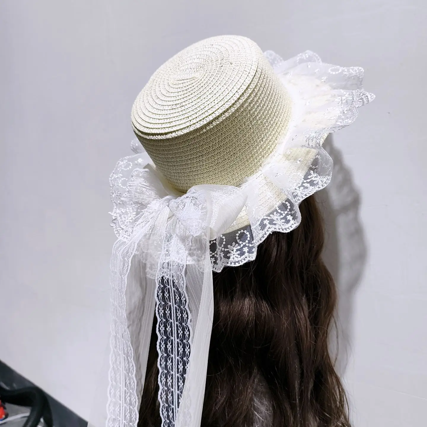 Lolita Straw Hat with Mermaid Iridescent Bow, Large Ribbon Streamers Lace Trim, Sweet Fairy UV Protection Sun Cap