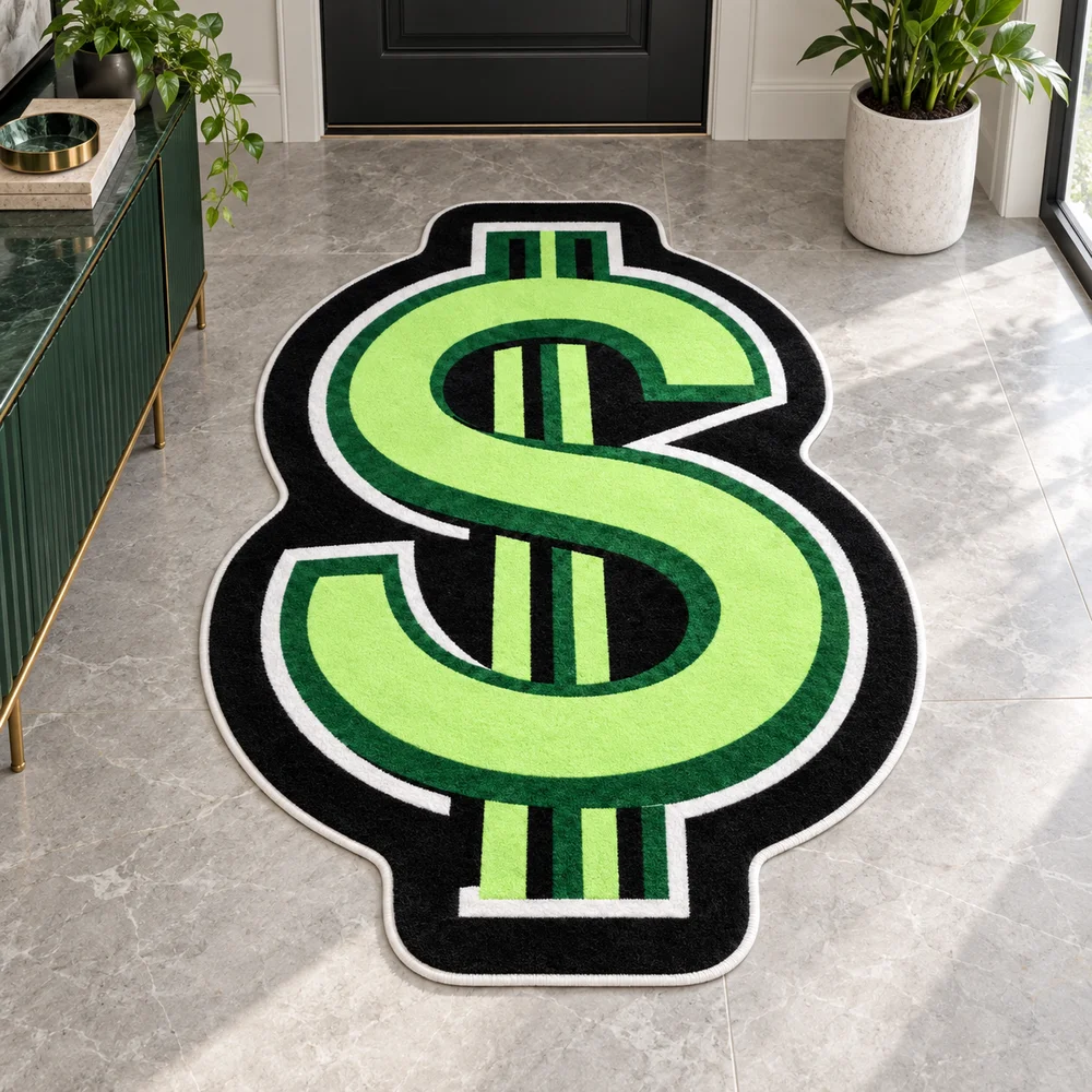 Dollar Sign Green Shaped Flannel Rug, Non-Slip Dark Art Floor Mat for Home Office, Bedroom, Living Room, Entryway Modern Decor