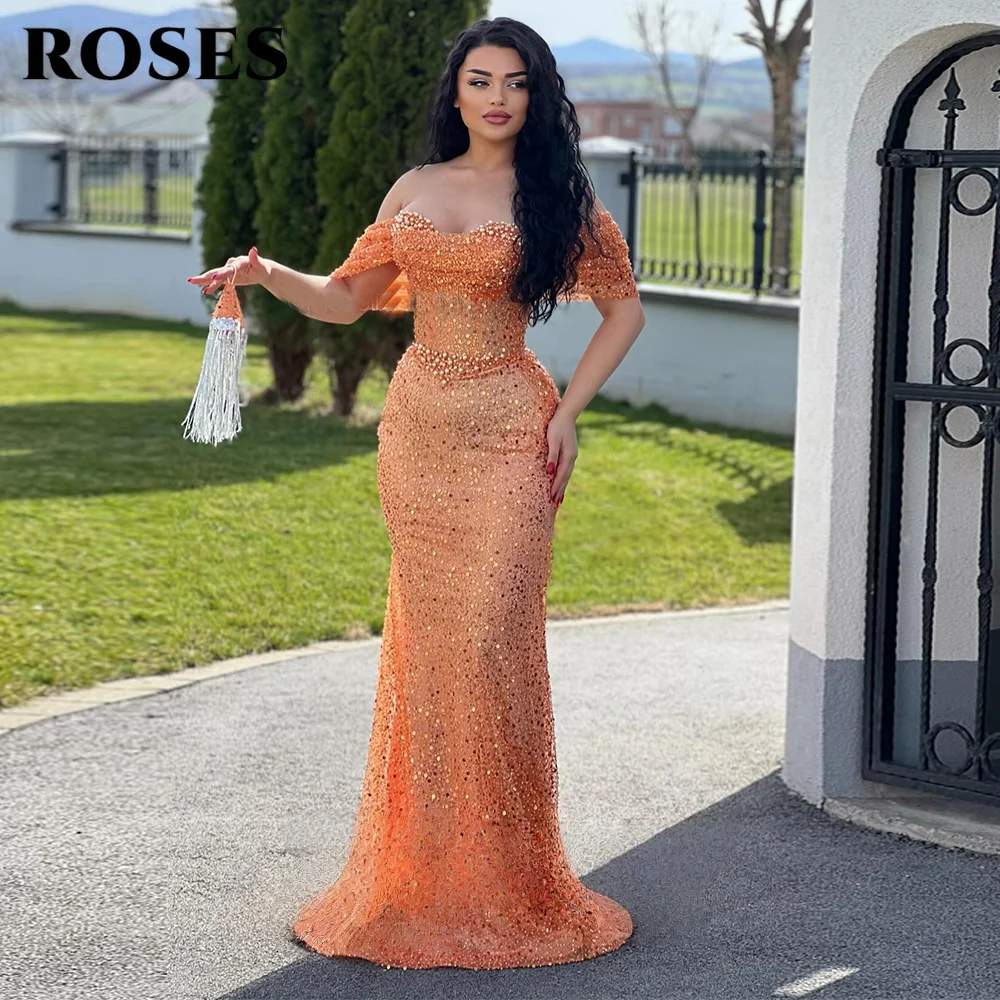 فستان سهرة أنيق باللون الوردي من ROSES بدون أكتاف مع لؤلؤ ومطرز بالترتر فستان حفلات حورية البحر للمرأة حسب الطلب #4