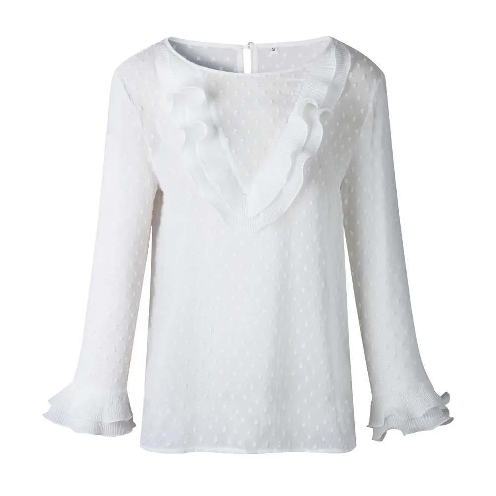 Elegant Women Jacquard White Blouse Ruffles Long Sleeve Lady Blouse Round Neck Autumn Winter Female Top