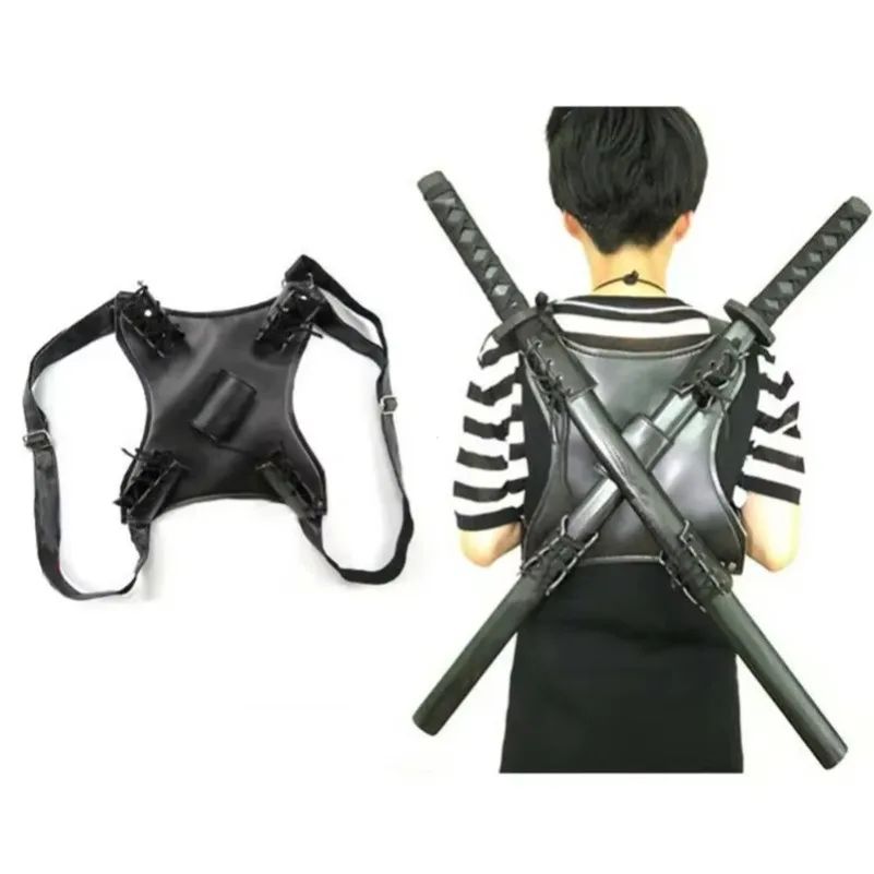 Double Sword Back Harness, PU Leather Sword Holder Strap for Cosplay Costume, Adjustable Back Sheath for Ninja Samurai Sword