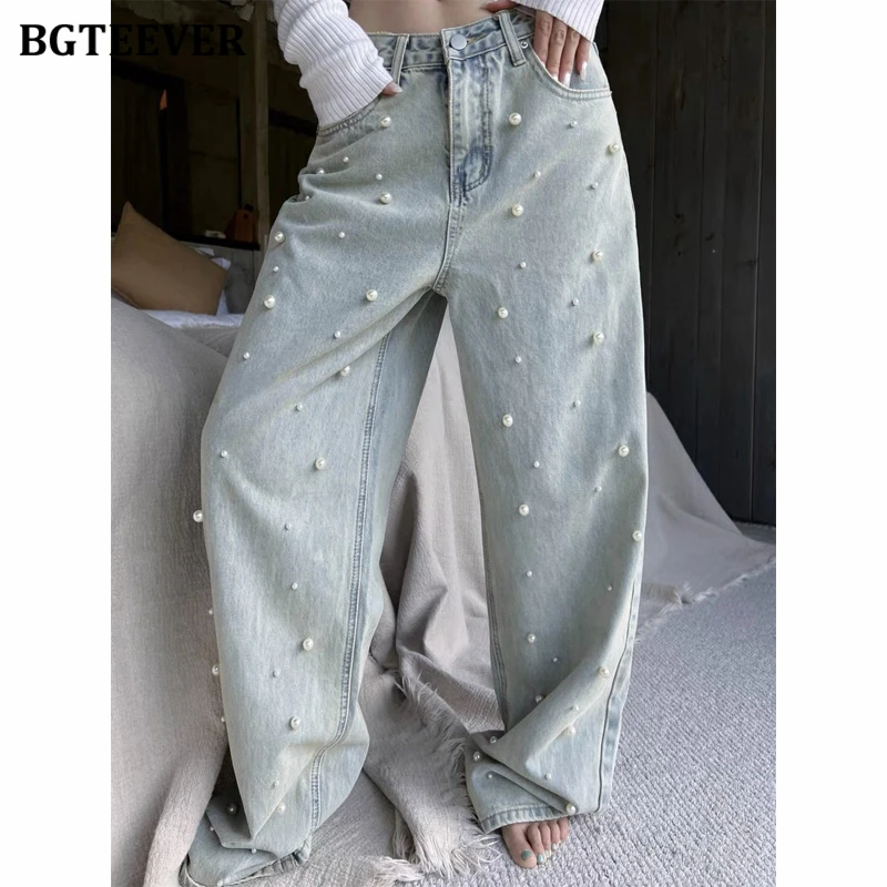 BGTEEVER Vintage High Waist Loose Beading Wide Leg Denim Trousers for Women Summer Pockets Female Straight Jeans