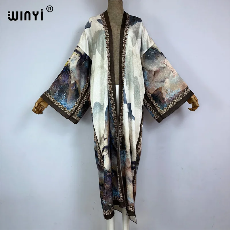 WINYI kimono jesienne wysokiej jakości dwustronne nadruki sukienka jedwabna plażowe kardigan w stylu Boho eleganckie okrycie plażowe damskie Kimono