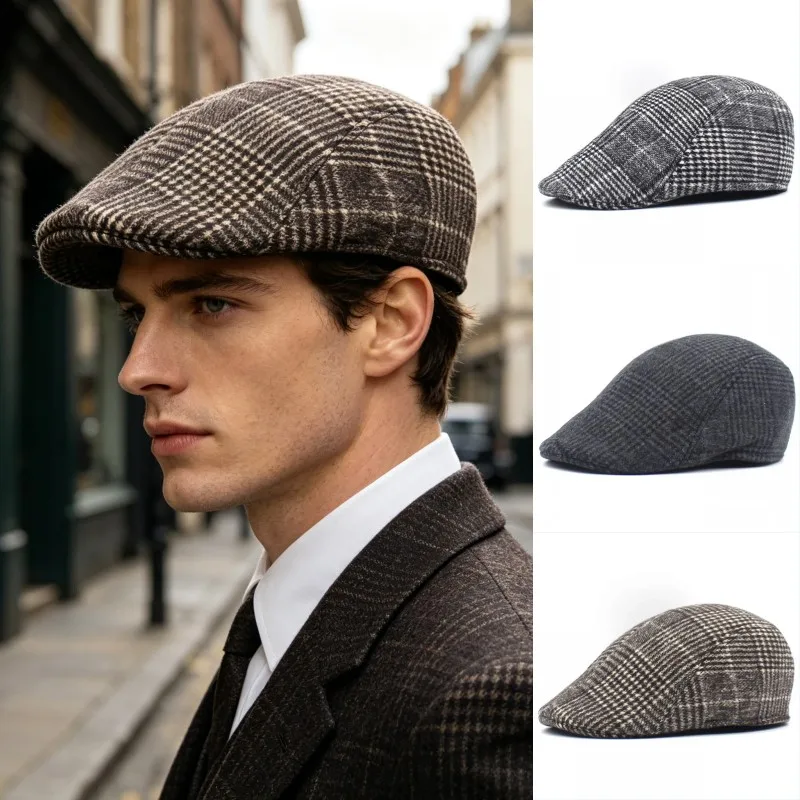 Winter Warm Plaid Checked Printed Newsboy Hat Wool Golf Baseball Cap British Style Berets Hat Artist Painter Driver Cabbie Hat