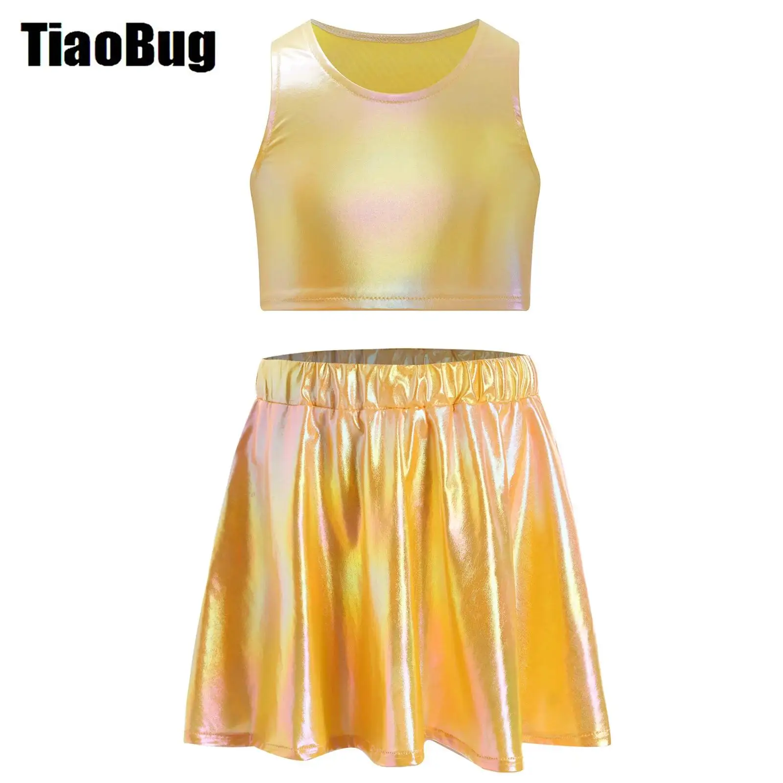 

Kids Girls Metallic Jazz Outfit Sleeveless Crop Tank Top with Skirt for Dance Cheerleading Stage Performance