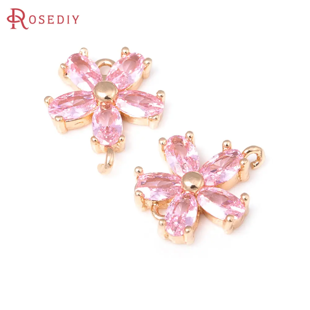 6PCS 18K Gold Color Brass and Zircon 2 Holes Flower Connect Charms Pendants Diy Jewelry Making Earrings Accessories for Women
