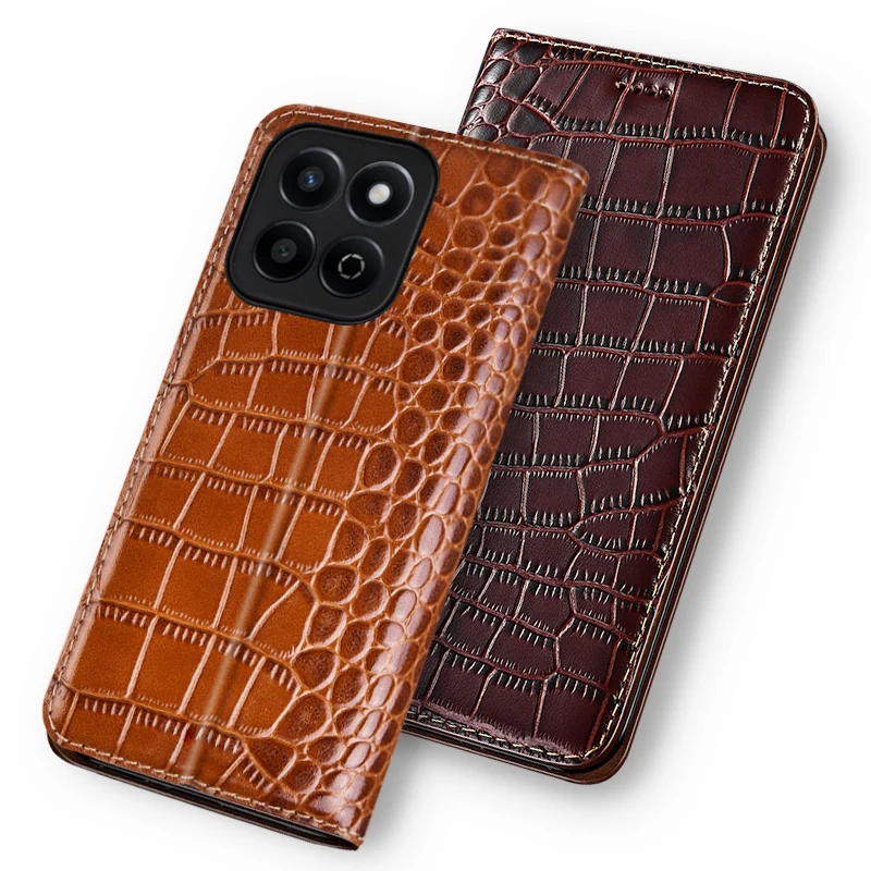 Cases For HONOR X7c Crocodile Pattern Flip Case Luxury Cowhide Genuine Leather Magnetic Wallet Covers