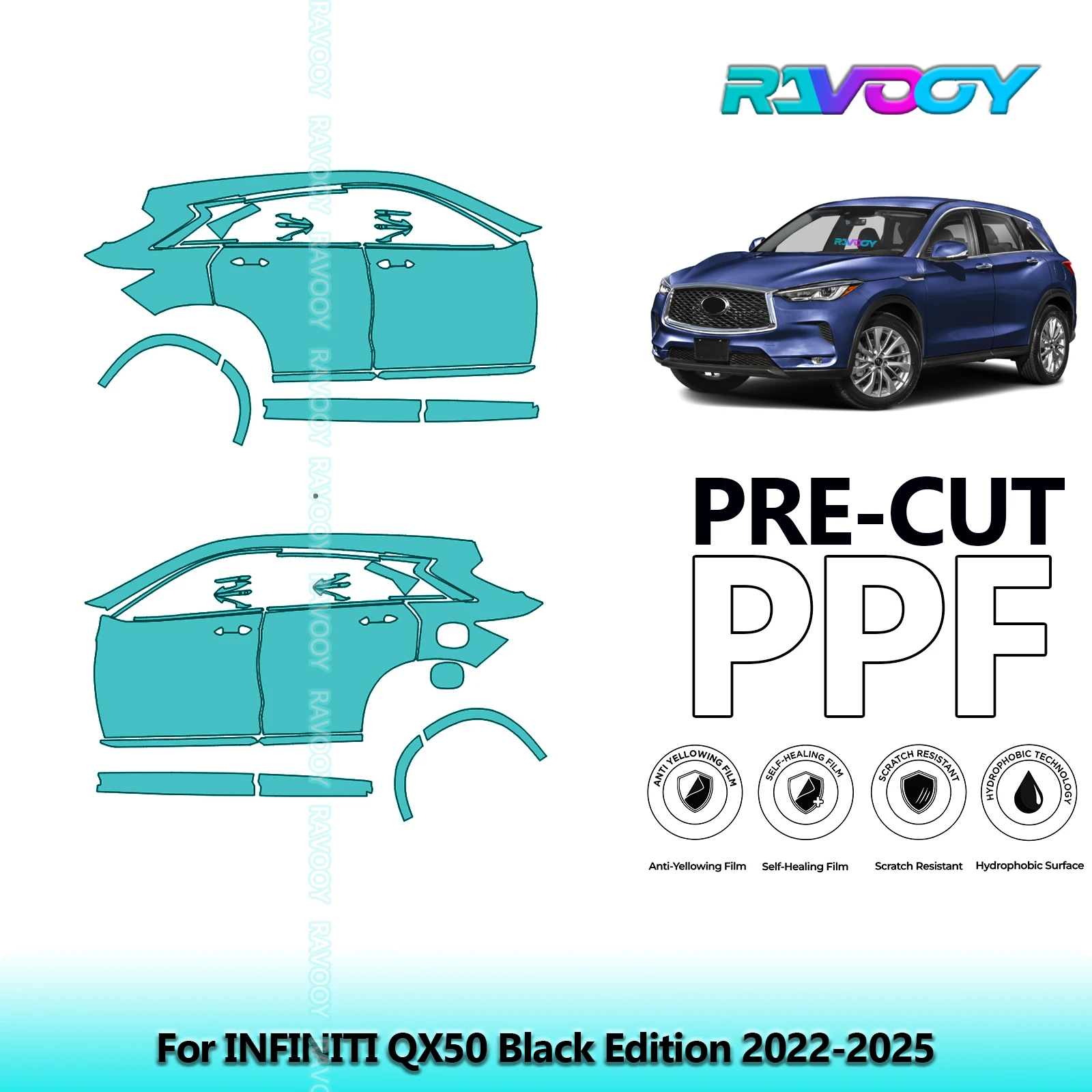 

For INFINITI QX50 Black Edition 2022-2025 8.5mil Clear Matte Pre-Cut PPF Door & A/B Pillar Kit TPU Paint Protection Film Set