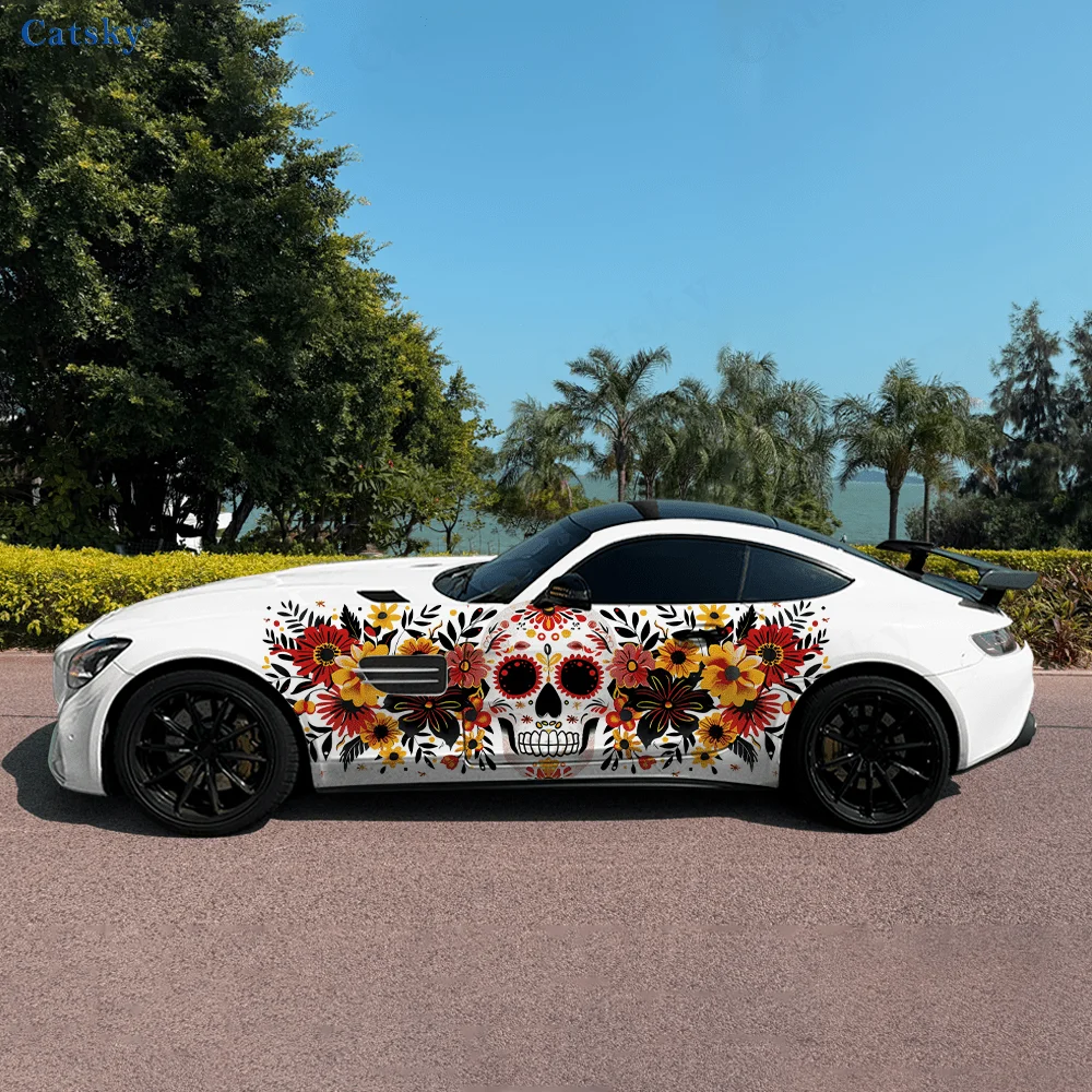 

Красочный череп, цветок, автомобильные виниловые наклейки, самоклеящаяся наклейка из ПВХ, подходит для грузовиков, внедорожников, украшения, автоаксессуары, подарок