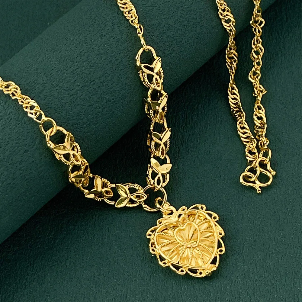

Luxury 24K 9999 Pure Gold real gold Hollow Heart Brand Pendant Necklace Light Luxury Peach Heart Pendant Necklace