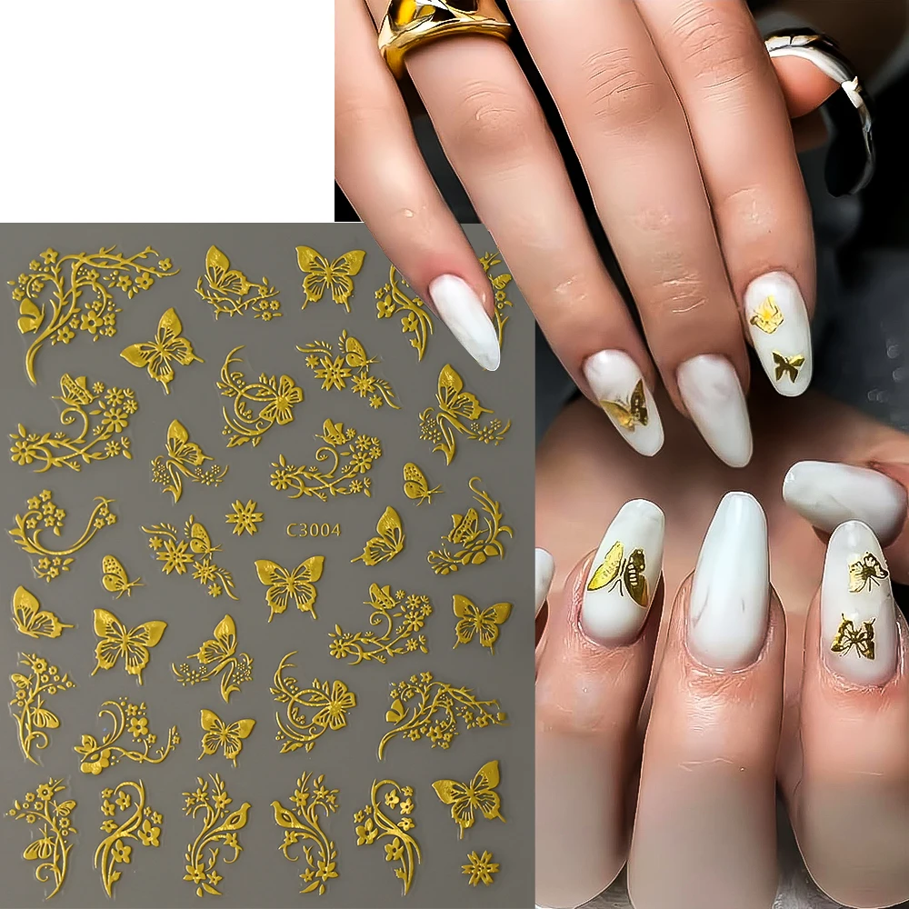 6/4pcs Gold Leaf 3D Nail Stickers 3D Petal Leaves Butterfly Charms Spring Summer Slider Y2K Bronzing Decals Manicure Decoration