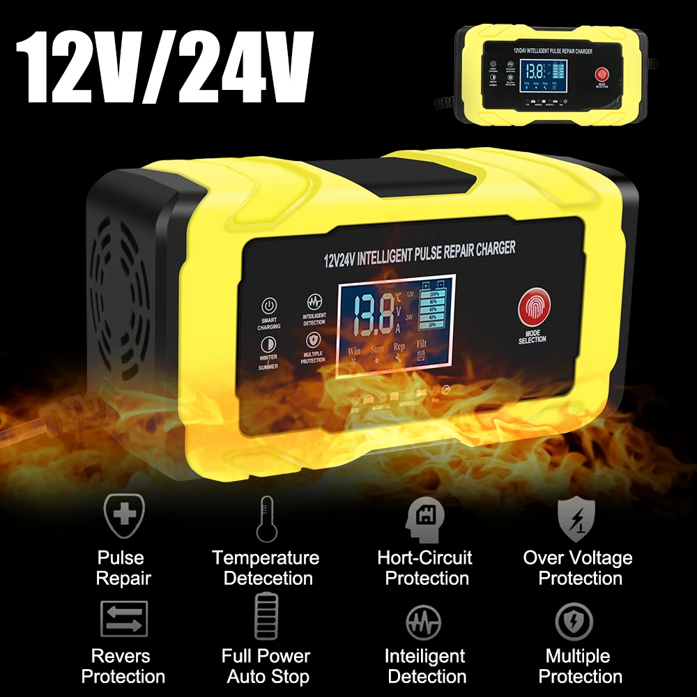 Intelligent Pulse  Fast Power Charging Car Motorcycl Battery Charger 12V 12A/24V 6A Auto Pulse Repair Digital LCD Display