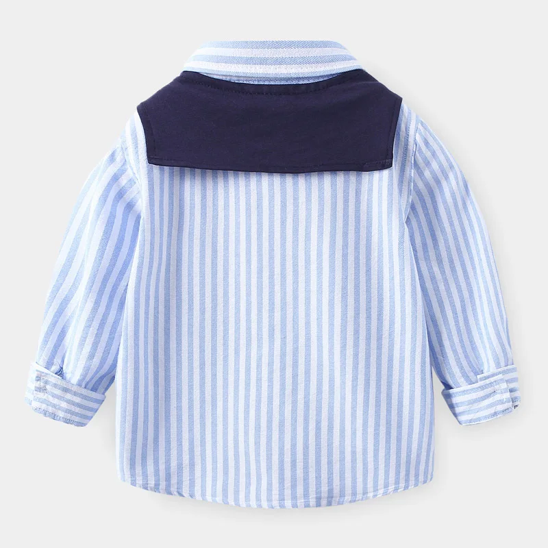 Spring Autumn Simple Casual Boys\' Long Sleeve Striped Shirt, Comfortable Cotton Kids with Shawl Top, 2 Colors, for Ages 3-8